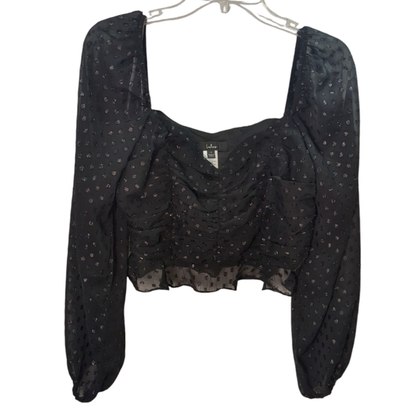 Lulu's Totally Charmed Black Ruched Clip Dot Balloon Sleeve Top Size Small - Picture 4 of 8
